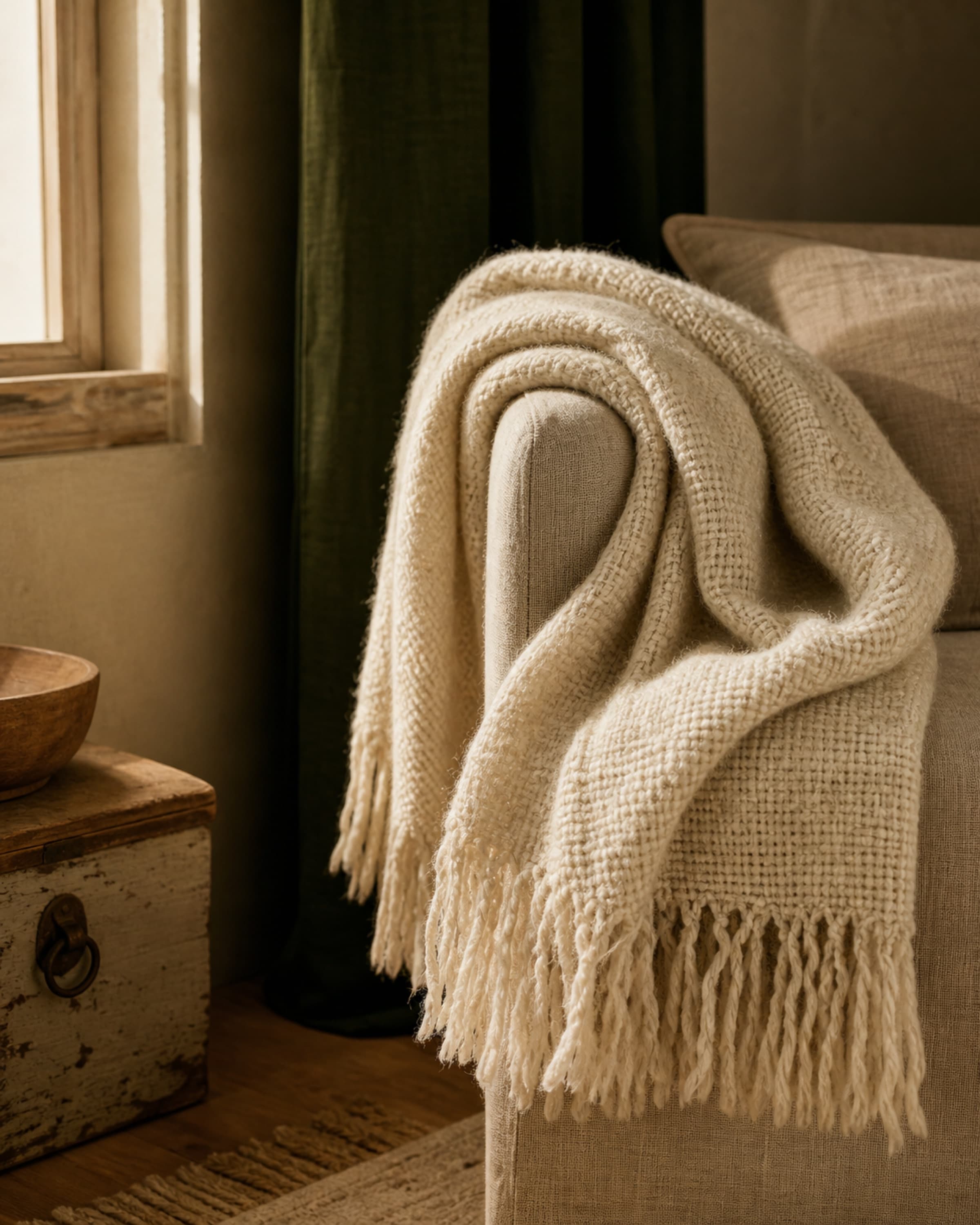 A cream knit scarf folded over the arm of a linen chair by a window